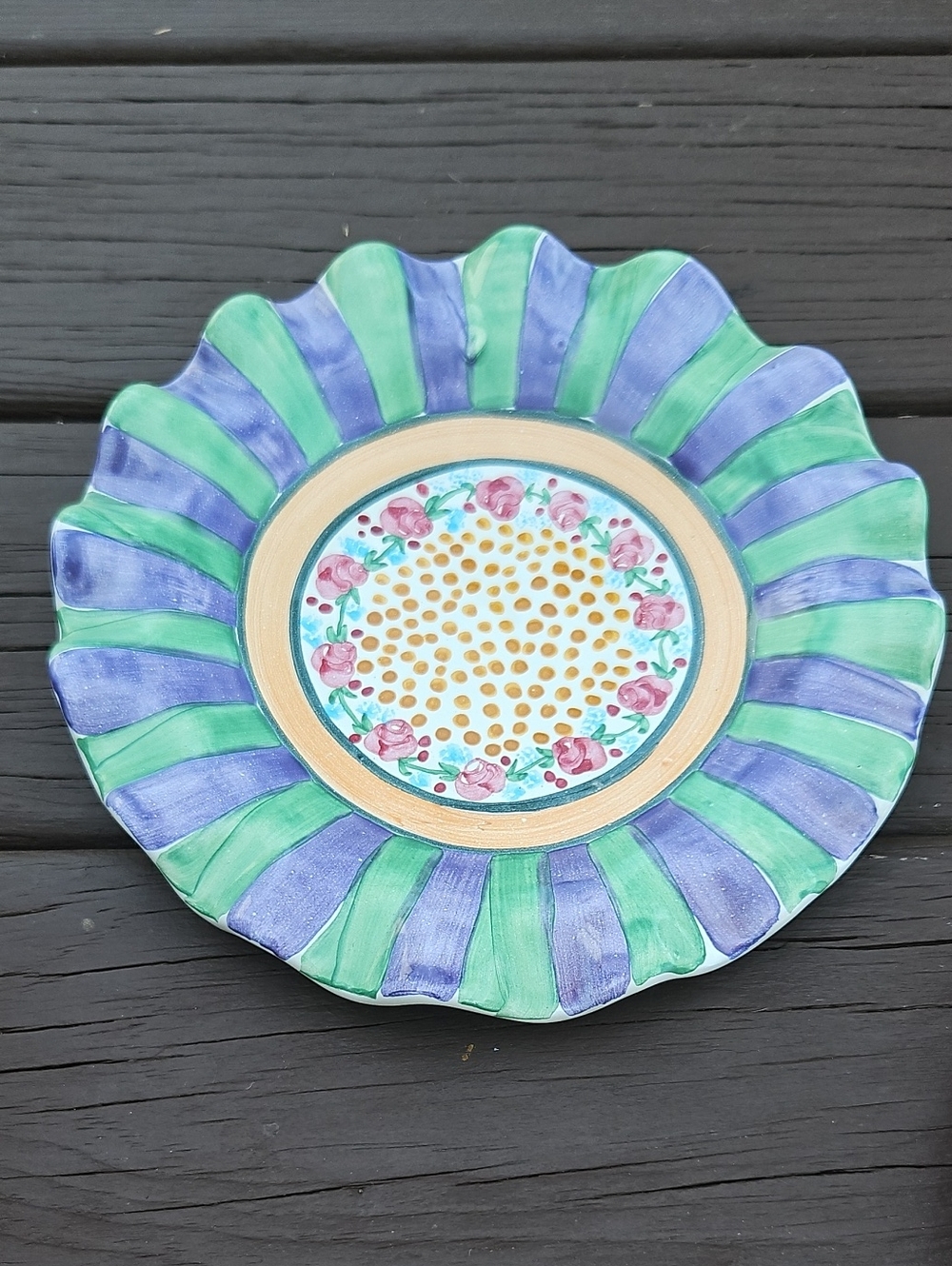 MKC Hand-Painted Green & Purple Decorative Plate - Floral Center